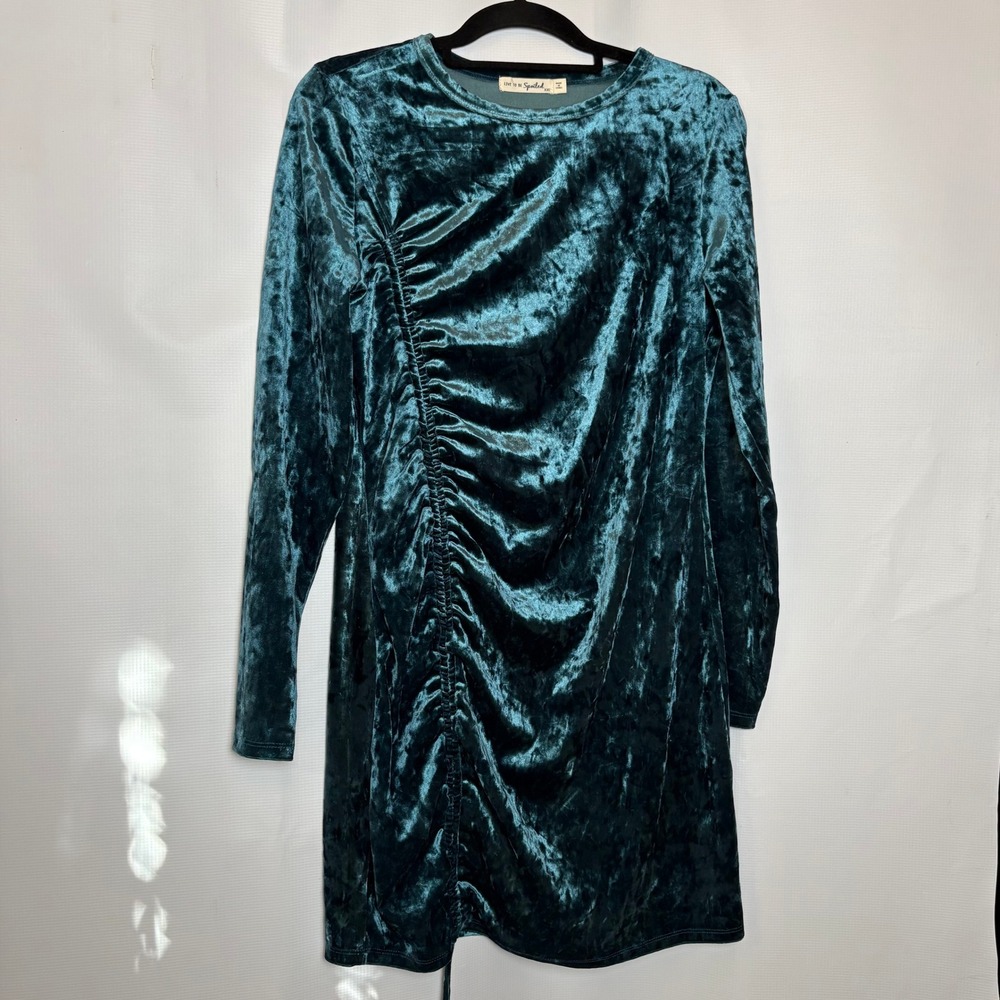 XXL Green Crushed Velvet Long Sleeve Ruched Mini Dress Holiday Party Y2K NYE